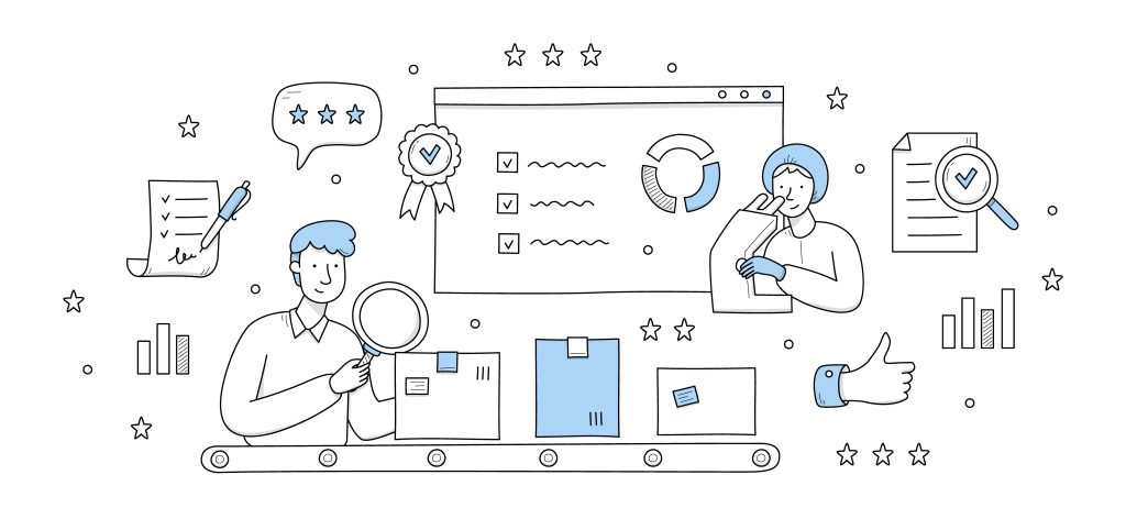 Quality control doodle concept. Product manufacturing and safety inspectors testing production.