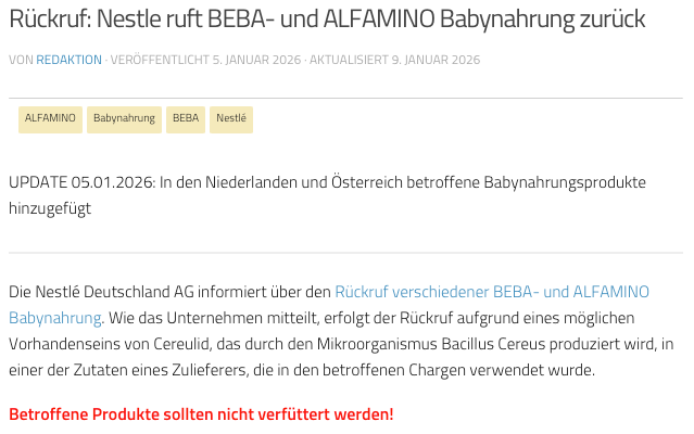 Screenshot eines Produktrückrufs