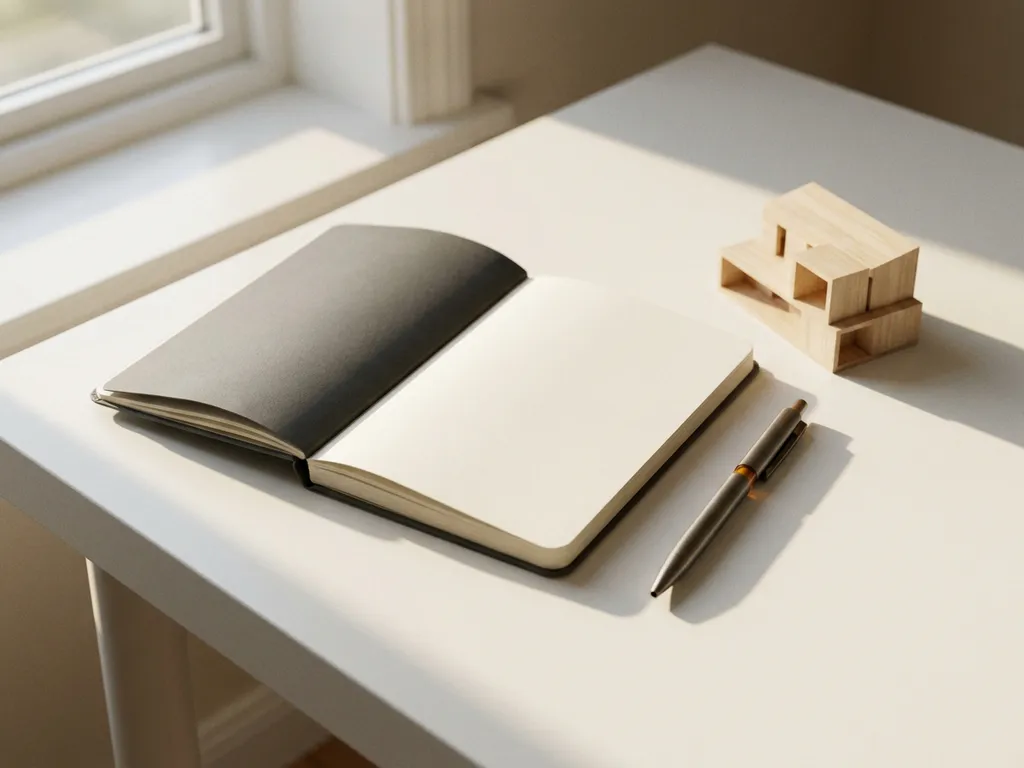 Aufgeschlagenes Notizbuch auf minimalistischem Schreibtisch neben Stift und Architekturmodell im sanften Morgenlicht.