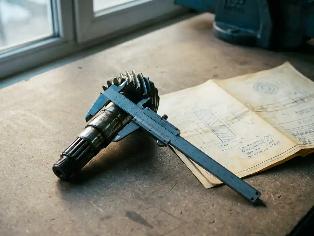 Abgenutztes Maschinenersatzteil neben technischer Zeichnung, mit Messschieber vermessen auf grauem Ingenieurtisch.