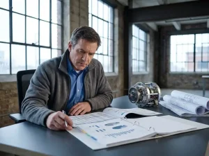 Ingenieur analysiert technische Kostenkalkulation an anthrazitfarbenem Schreibtisch neben mechanischem Prototypenbauteil und Konstruktionszeichnungen.