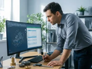 Ingenieur im grauen Hemd analysiert Kostenkalkulation neben CAD-Zeichnung auf Monitor, Messschieber auf dem Schreibtisch.