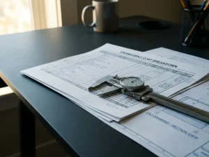 Mechanischer Messschieber auf Kostenkalkulation und CAD-Ausdruck, anthrazitfarbener Schreibtisch, natürliches Seitenlicht.