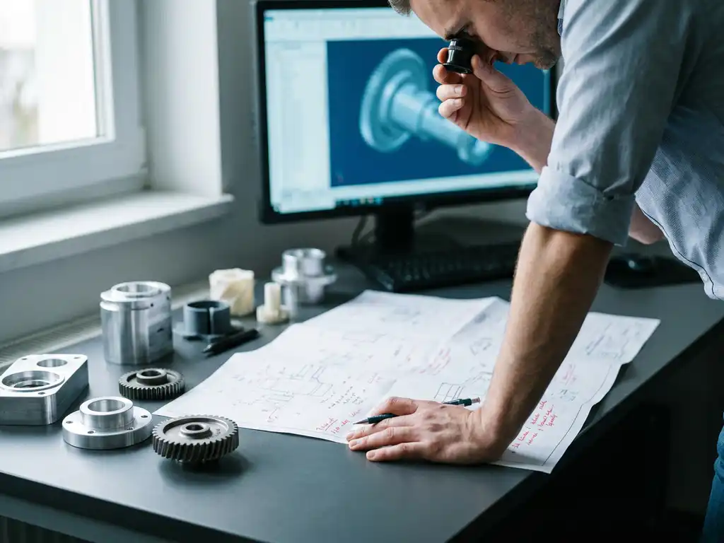 Ingenieur prüft technische Zeichnung am Schreibtisch mit Aluminium-Prototypen und CAD-Bildschirm im Hintergrund.