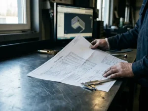 Ingenieurshände öffnen Kostenkalkulations-Tabelle auf Stahlwerkbank, Messschieber liegt auf dem Papier, CAD-Workstation im Hintergrund.