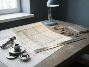 Ingenieur-Schreibtisch mit Kostenzuordnungs-Tabelle, Bauteil-Prototypen und technischen Zeichnungen im natürlichen Seitenlicht.