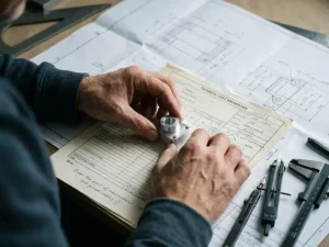 Ingenieurshände platzieren ein Metallprototyp-Bauteil auf einer technischen Kostenkalkulation neben CAD-Blaupause und Zeichenwerkzeugen.