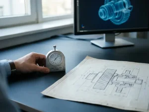 Ingenieurhand legt Metallmesslehre neben technische Querschnittzeichnung eines Industriebauteils auf anthrazitfarbenem Schreibtisch.