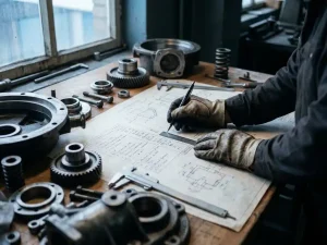 Ingenieurhand verfolgt Kostenaufstellung auf Zeichentisch, umgeben von zerlegtem Industriebauteil mit Metallteilen und Schrauben.