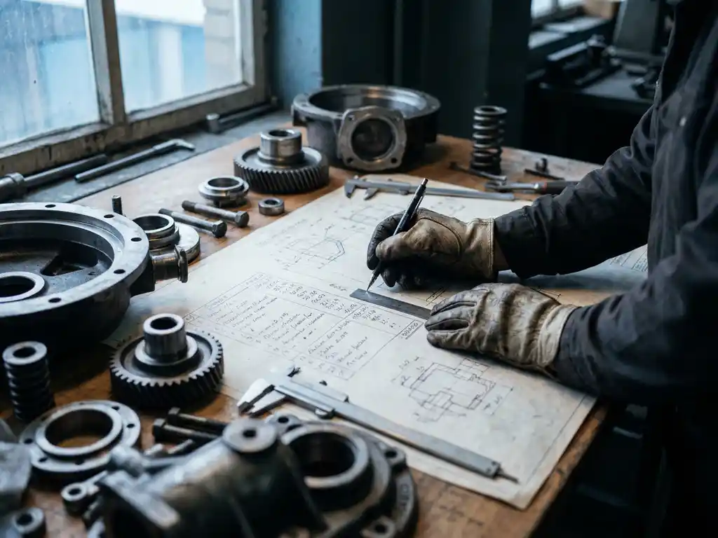 Ingenieurhand verfolgt Kostenaufstellung auf Zeichentisch, umgeben von zerlegtem Industriebauteil mit Metallteilen und Schrauben.