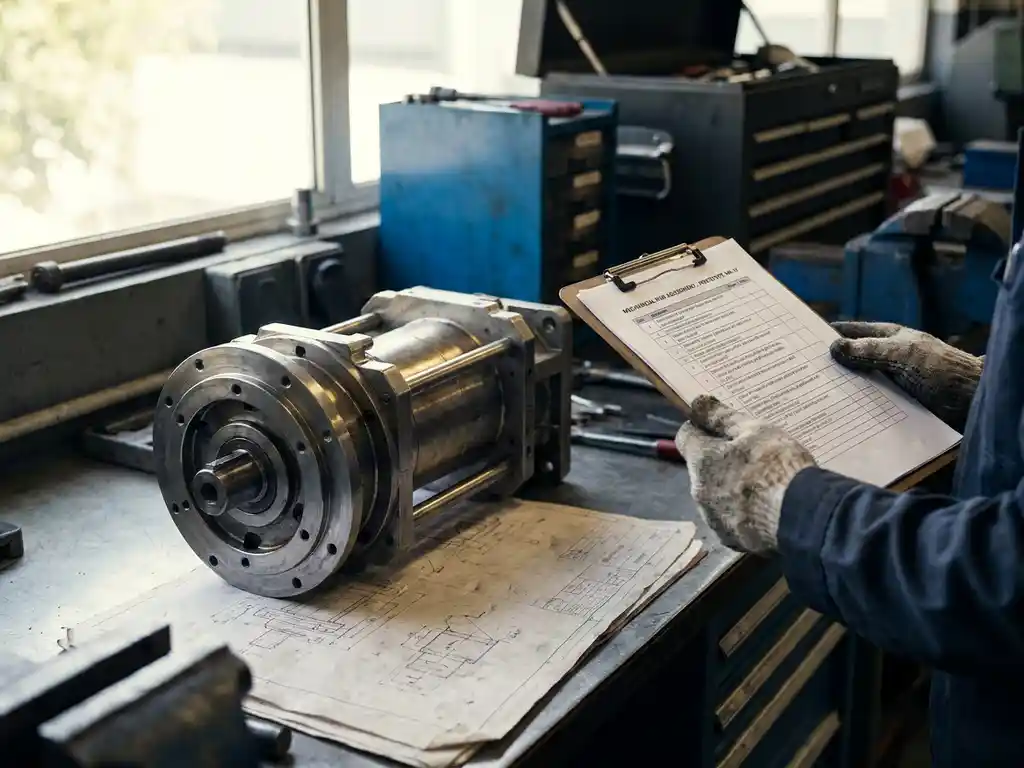 Ingenieurhände halten Risikobeurteilungs-Checkliste neben Metallprototyp auf Werkstatttisch mit technischen Zeichnungen.
