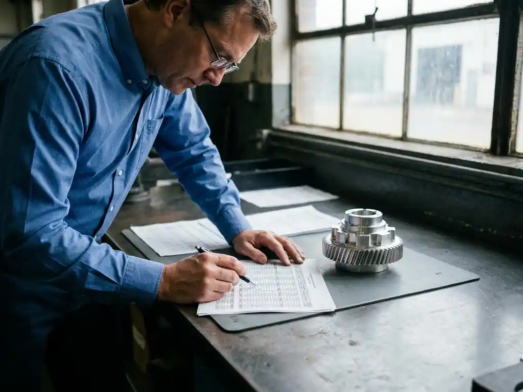 Maschinenbauingenieur analysiert Kostenkalkulation am Werkstattschreibtisch neben präzisionsgefrästem Aluminiumbauteil.