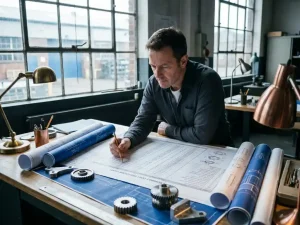 Maschinenbauingenieur analysiert Kostenkalkulation auf Zeichentisch mit CAD-Plänen und Metallprototypen im Industriearbeitsplatz.