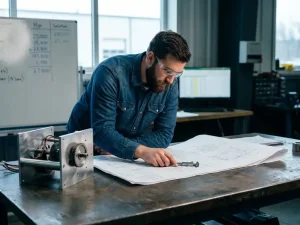 Maschinenbauingenieur analysiert technische Zeichnung an Stahlwerkbank neben teilmontiertem Metallprototyp im Fabrikambiente.