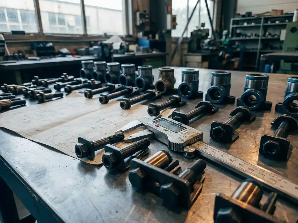 Mechanische Bauteile – Schrauben, Halterungen und Gehäuse – in präzisem Raster auf Stahlwerkbank, mit Messschieber und Kostentabelle.
