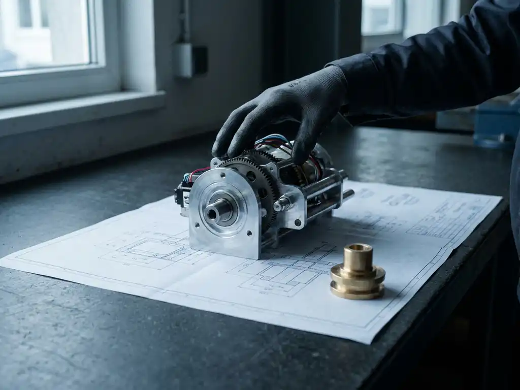 Ingenieurhand über halbfertigem Mechanikprototyp auf technischer Zeichnung, abgelegtes Bauteil auf anthrazitfarbenem Werkstatttisch.