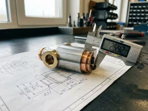 Präzisionsgefertigtes Metallteil auf technischer Zeichnung mit digitaler Schieblehre zur Toleranzmessung auf Werkbank.