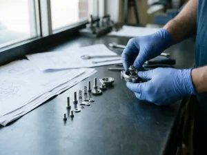 Mechaniker montiert Präzisions-Metallbauteil auf anthrazitfarbenem Werkstisch, technische Zeichnungen darunter, Tageslicht beleuchtet Einzelteile.