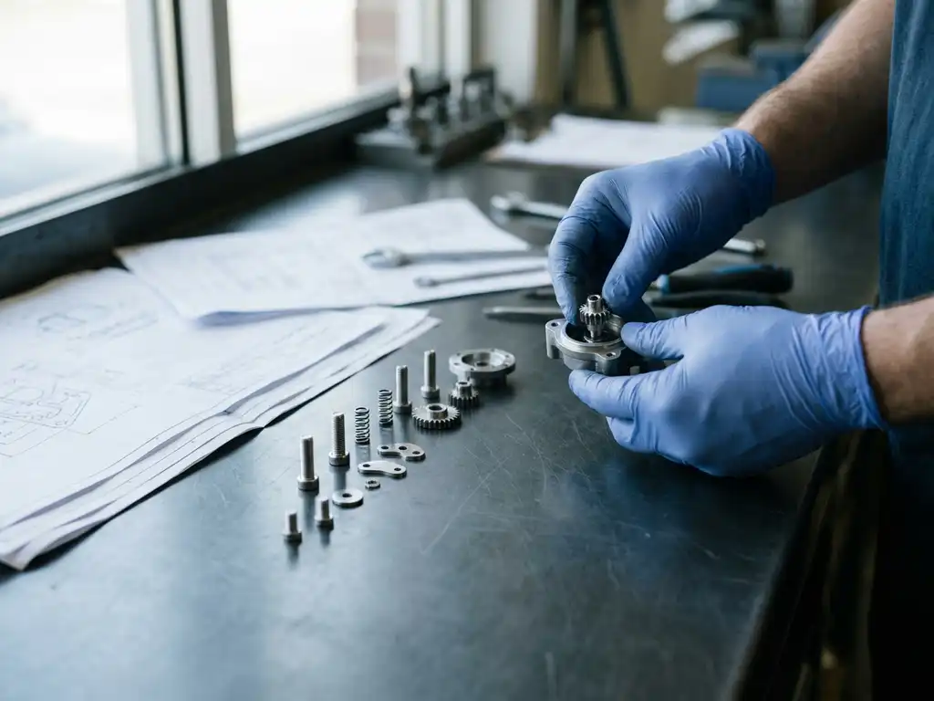 Mechaniker montiert Präzisions-Metallbauteil auf anthrazitfarbenem Werkstisch, technische Zeichnungen darunter, Tageslicht beleuchtet Einzelteile.