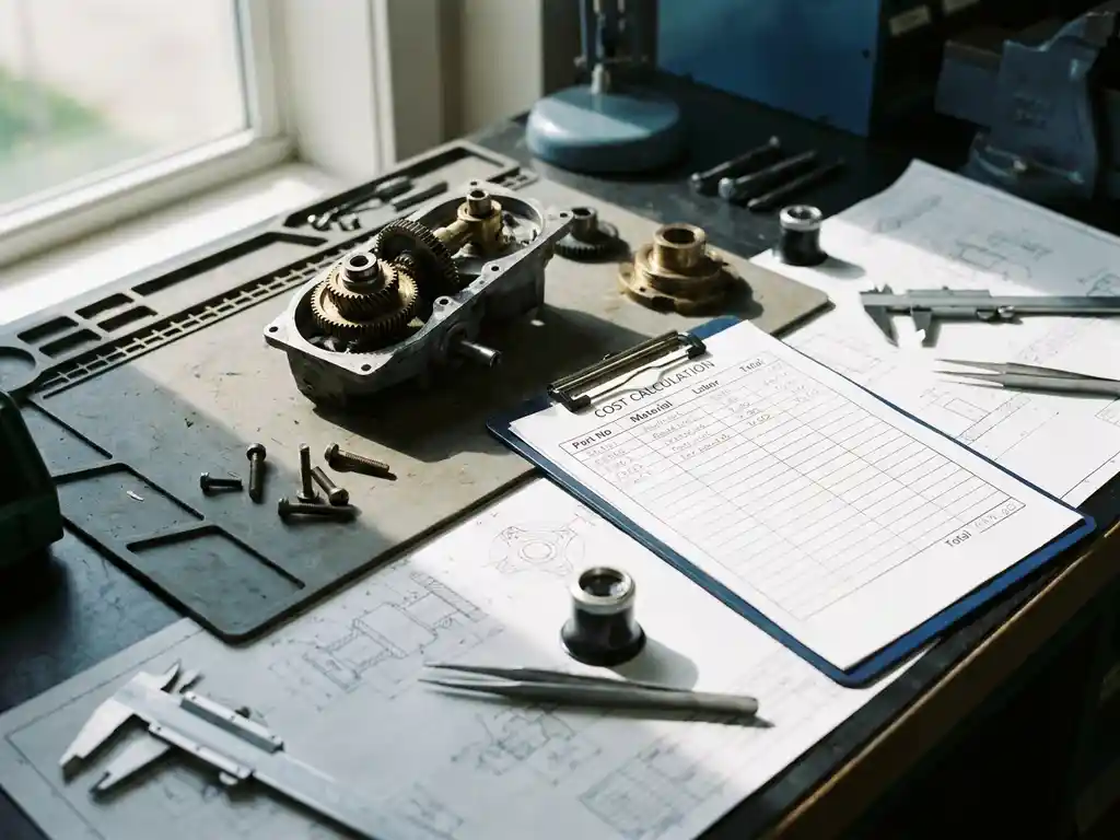 Teilweise zerlegtes Maschinenbauteil neben Kostenkalkulation auf einem Ingenieurschreibtisch mit technischen Zeichnungen im Tageslicht.
