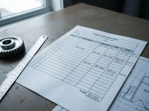 Handschriftlich annotiertes Projektkostenblatt auf Ingenieursschreibtisch mit Stahllineal, Bauteil und technischer Zeichnung im Hintergrund.