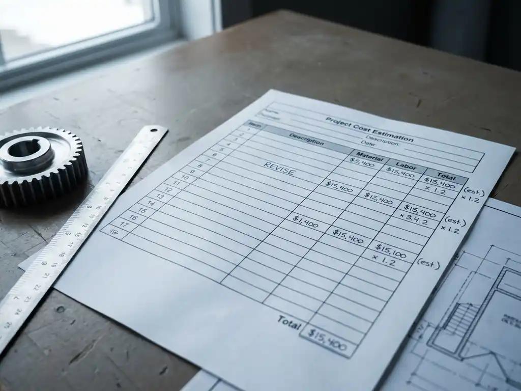 Handschriftlich annotiertes Projektkostenblatt auf Ingenieursschreibtisch mit Stahllineal, Bauteil und technischer Zeichnung im Hintergrund.