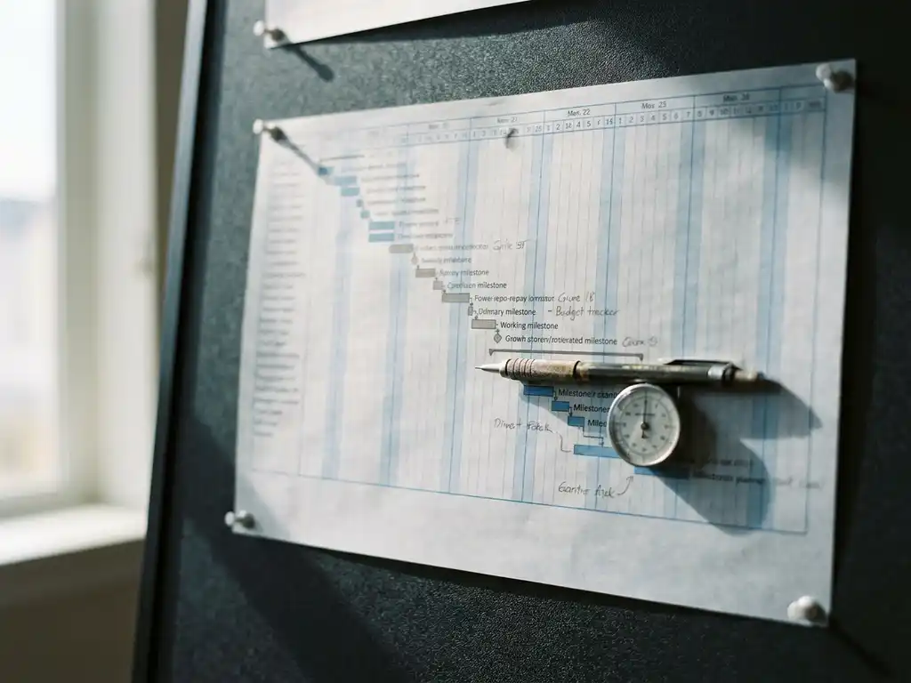 Gantt-Diagramm auf Transparentpapier an anthrazitfarbener Planungstafel mit Bleistift und Budget-Tracker auf Meilensteinen.