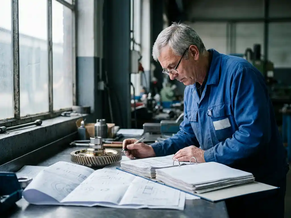 Erfahrener Ingenieur prüft Compliance-Dokument neben präzise gefrästem Metallteil auf Werkbank mit technischen Zeichnungen.