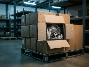 Kartonversandkartons auf Industriepalette gestapelt, einer geöffnet mit Luftpolsterfolie und Maschinenbauteil, Lagerhalle im Hintergrund.