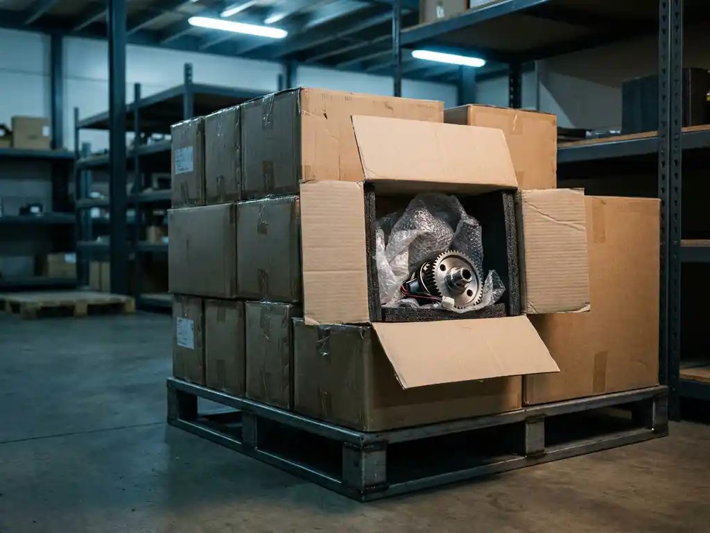 Kartonversandkartons auf Industriepalette gestapelt, einer geöffnet mit Luftpolsterfolie und Maschinenbauteil, Lagerhalle im Hintergrund.
