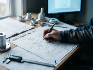 Ingenieurhand mit Druckbleistift auf Kostenzielblatt am Zeichentisch, umgeben von Aluminiumprototypen und technischen Zeichnungen, CAD-Workstation im Hintergrund.