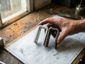 Verwitterte Mechanikerhand hält Aluminium- und Stahlwinkel nebeneinander über eine technische Zeichnung auf einer Werkbank.