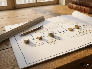 Architekturlineal und Druckbleistift auf einem Projektzeitplan mit Euro-Münzen an Meilensteinen, warmes Nachmittagslicht auf Eichenholzschreibtisch.