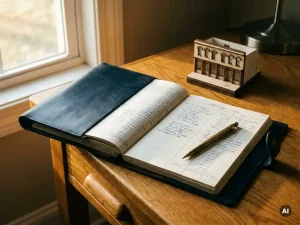 Aufgeschlagenes Lederbuch mit handschriftlichen Finanzzahlen auf Eichenschreibtisch, mechanischer Bleistift und Architekturmodell im warmen Münchner Bürolicht.