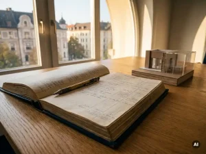 Aufgeschlagenes Lederbuch mit handschriftlichen Finanzeinträgen auf Eichenholzschreibtisch, mechanischer Bleistift und Architekturmodell im Münchner Büro.