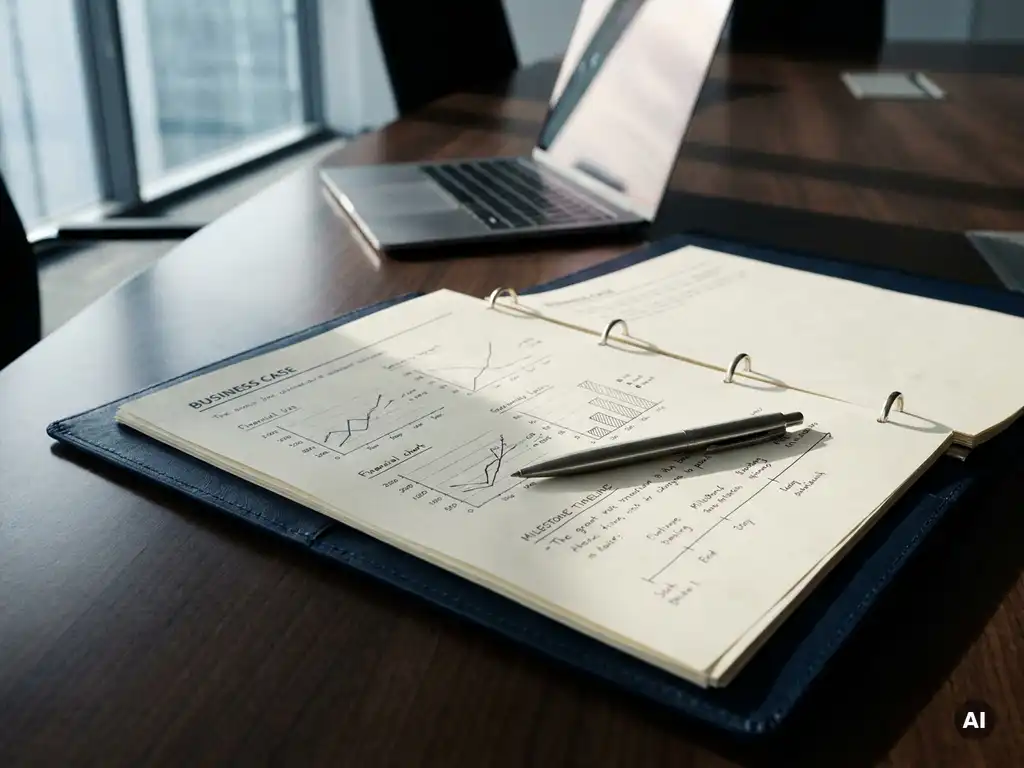 Aufgeschlagenes Business-Case-Dokument mit handschriftlichen Finanzprojektionen und einem Stift auf poliertem Konferenztisch.