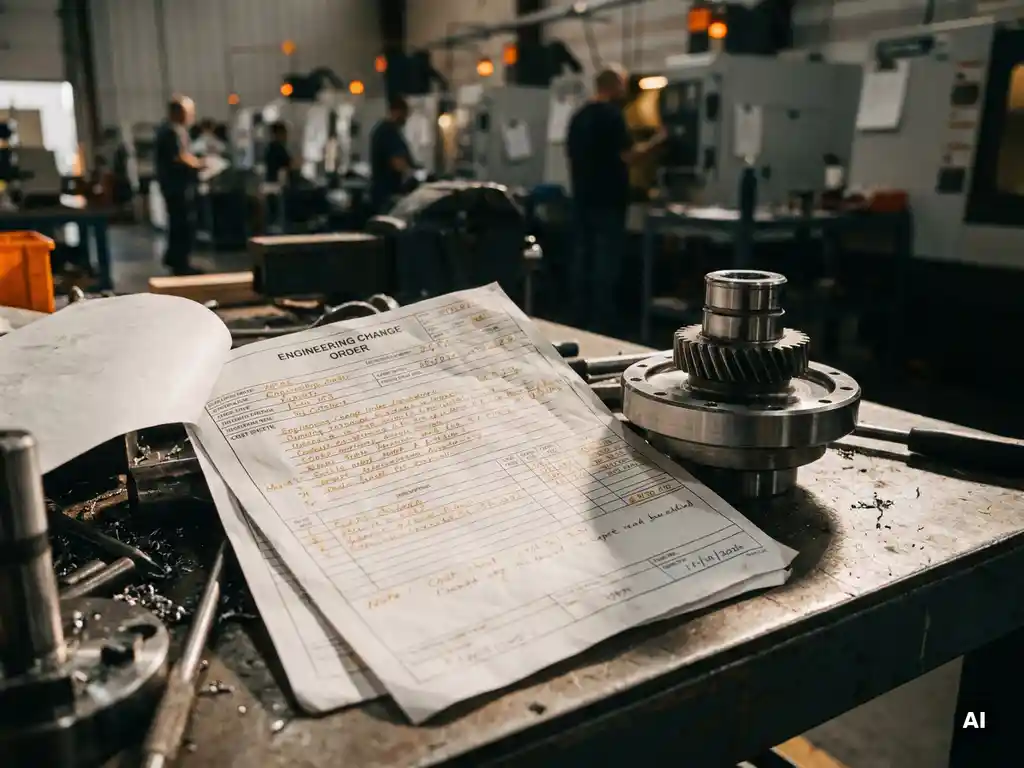 Zerknitterter Änderungsauftrag neben einem präzisen Metallteil auf Werkstattoberfläche, umgeben von Revisionsnotizen und Kostenkalkulation.