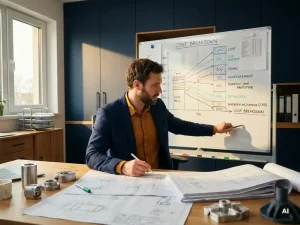 Maschinenbauingenieur analysiert Kostenschlüsselungsdiagramm an Whiteboard, umgeben von CAD-Zeichnungen und Bauteilprototypen im Ingenieurbüro.