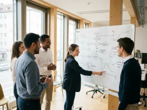 Ingenieurteam diskutiert Lean-Prozessdiagramme an einem Whiteboard mit Kostenkurven in einem modernen Münchner Büro.