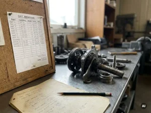 Handgeschriebene Kostenkalkulation auf Korkboard neben zerlegten Maschinenteilen, Zahnrädern und Halterungen auf Stahloberfläche mit Bleistift.