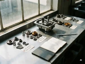 Mechanisches Bauteil in Demontage auf Stahlwerkbank, Einzelteile nach Funktion sortiert, Messschieber und Notizbuch daneben.