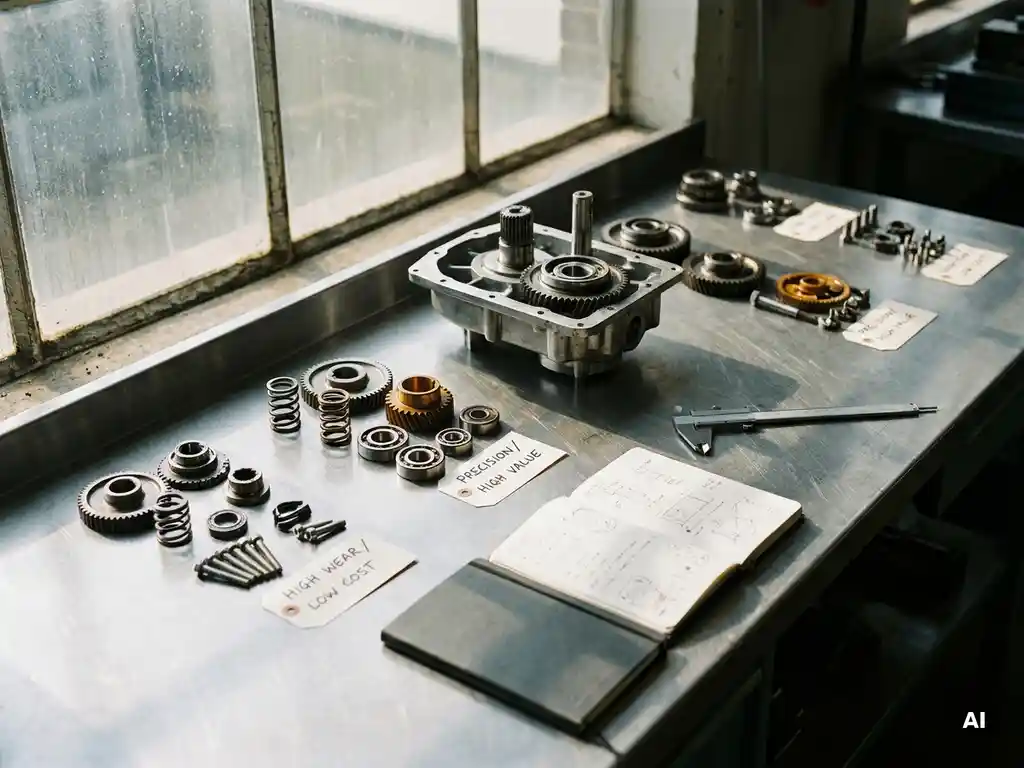 Mechanisches Bauteil in Demontage auf Stahlwerkbank, Einzelteile nach Funktion sortiert, Messschieber und Notizbuch daneben.