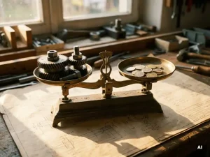 Präzisionswaage balanciert Industriebauteile gegen Euromünzen auf einem Schreibtisch mit Konstruktionszeichnungen, warmes Seitenlicht.