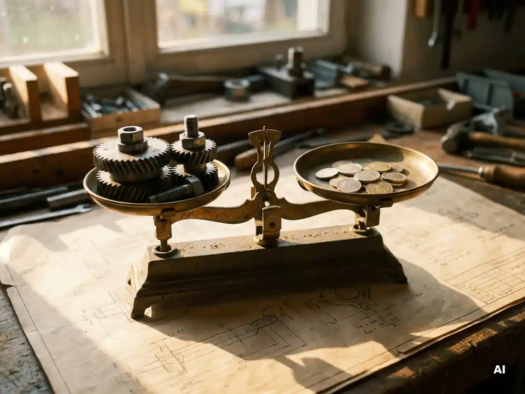 Präzisionswaage balanciert Industriebauteile gegen Euromünzen auf einem Schreibtisch mit Konstruktionszeichnungen, warmes Seitenlicht.