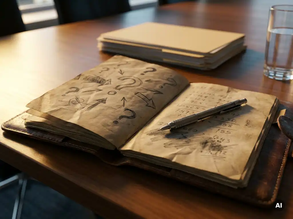 Aufgeschlagenes Ledernotebook mit Fragezeichen und Bleistiftskizzen auf Konferenztisch, mechanischer Bleistift diagonal darüber, technische Dokumente im Hintergrund.