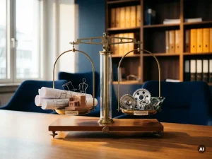 Laborwaage balanciert Designskizzen und Konzeptmodelle gegen technische Prototypen in einem modernen Münchner Büro.