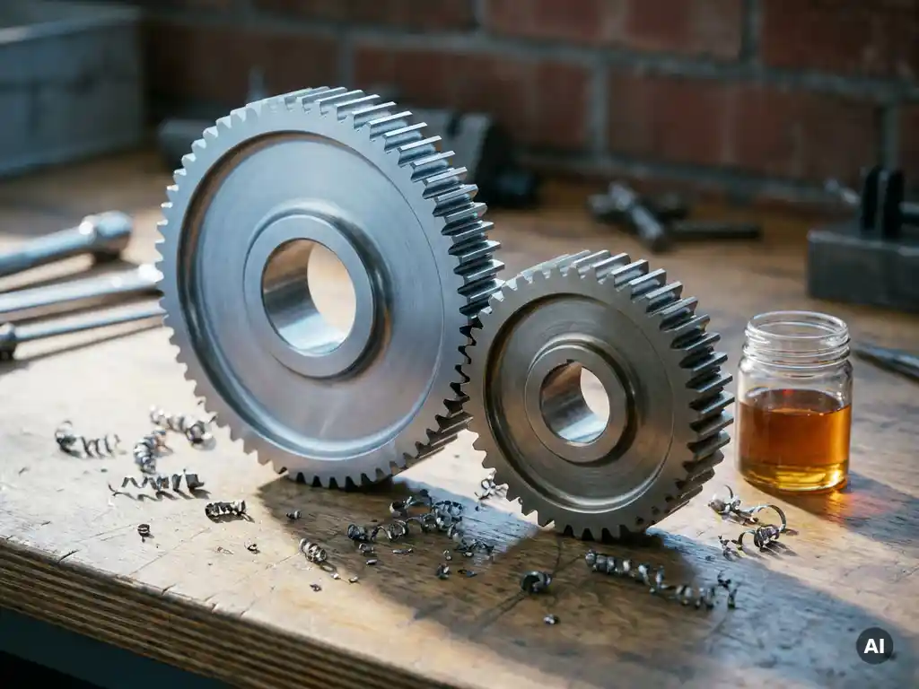 Zwei ineinandergreifende Stahlzahnräder auf Werkbank mit Metallspänen, symbolisieren präzise industrielle Optimierung.