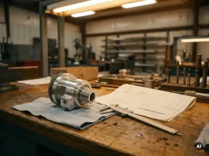 Präzisionsgefertigtes Metallteil auf Werkbank neben technischem Messschieber und Kostenkalkulation im warmen Fabrikl