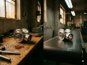 Präzisionsgefertigtes Stahlteil auf Werkbank neben identischem Serienprodukt auf Förderband, dramatisches Seitenlicht, Betonhintergrund.