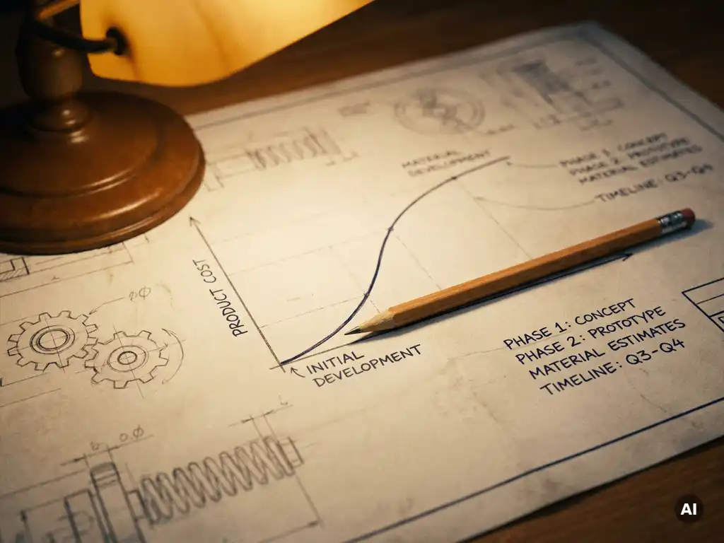 Bleistift auf technischer Zeichnung mit Produktkostenkurve, umgeben von Bauteilskizzen und Projektzeitplan, beleuchtet von Bernsteinlicht.